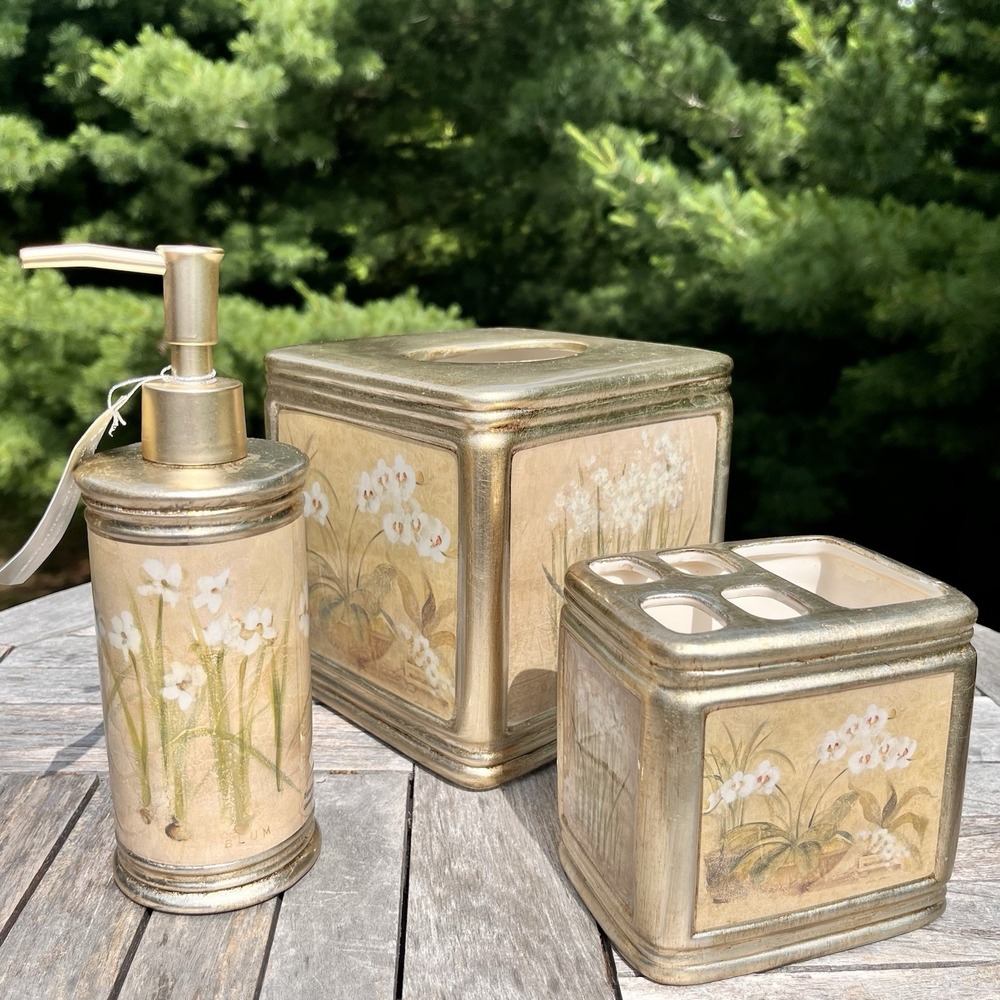 Croscill Narcissus Orchid Gold 3 Piece Bathroom Set Soap Pump Tissue Toothbrush